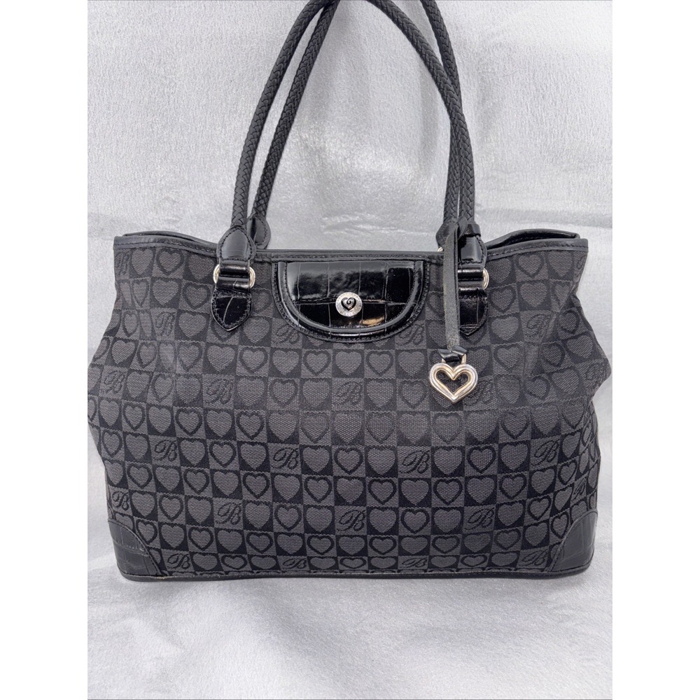Brighton Shoulder Bag Black Monogram Heart Canvas Double Handle Fob D197440‎ EUC